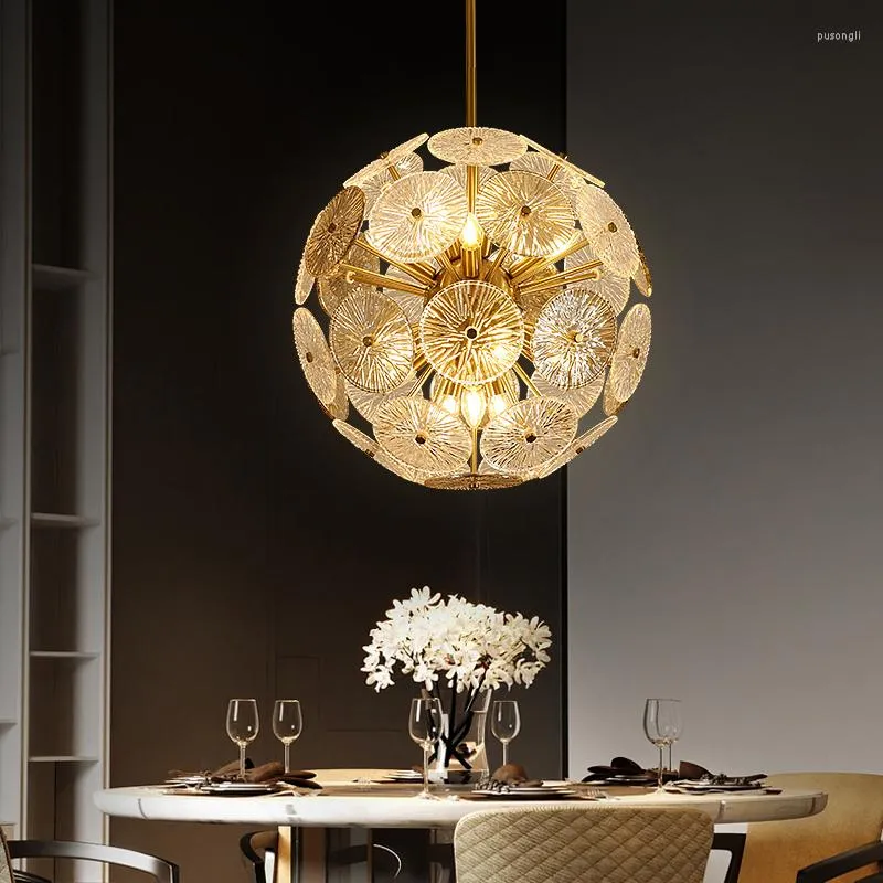 Żyrandole Biewalk nowoczesny złoty dysk szklany żyrandol kreatywna piłka salon villa sypialnia len Wewnętrzna dekoracja oświetlenia