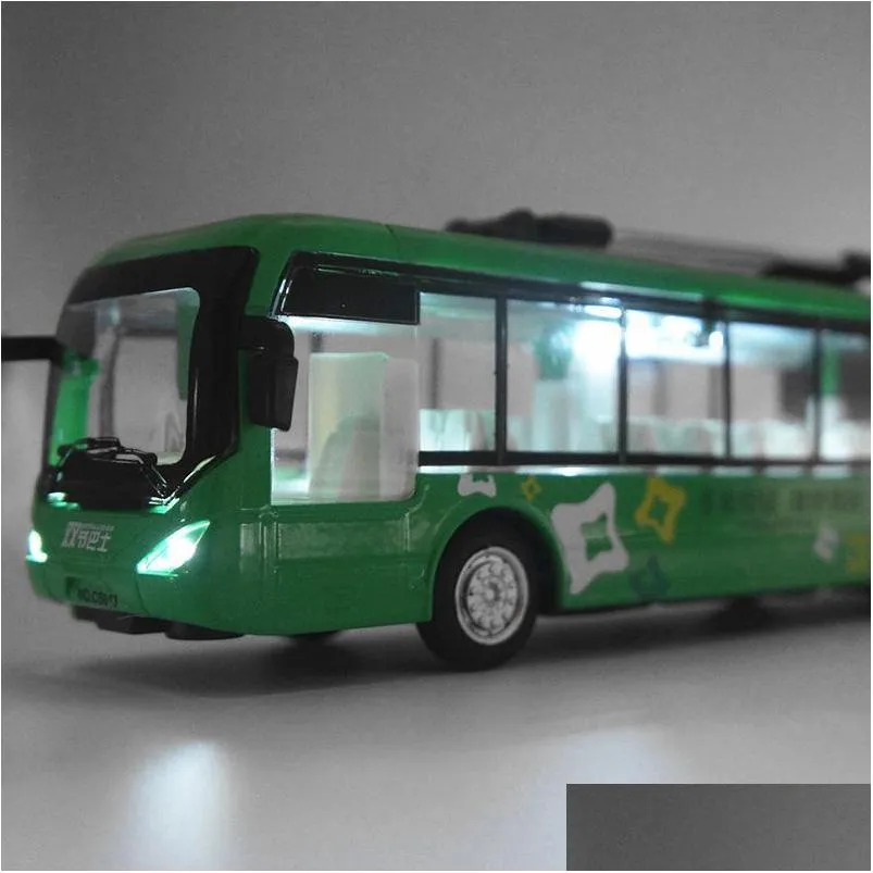 Diecast Model Cars Alloy Double Carriages Trolley Bus Boy Car Toy Lights Sound Plback 148 Scale Ornament Christmas Kid Birthday Gift Dhsup