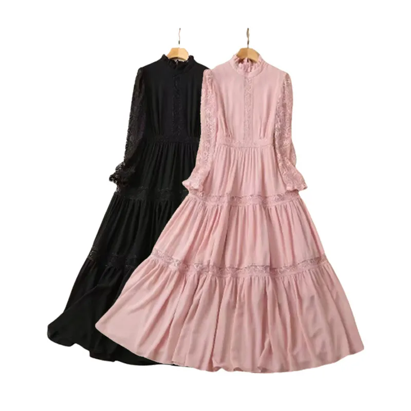 Sıradan Elbise Lady Style Mosaic Dantel Elbise 2023 İlkbahar ve Yaz Yeni Tasarım Büyük Swing Süper Peri Uzun Elbise S-XXL