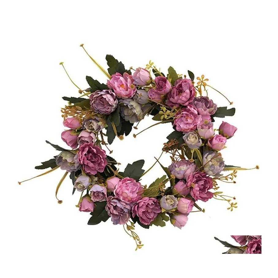 Couronnes De Fleurs Décoratives Couronne De Fleurs De Pivoine Artificielle Printemps Été Automne Hiver Pour Porte D'entrée Extérieure Mur De Mariage Intérieur Win Othbz