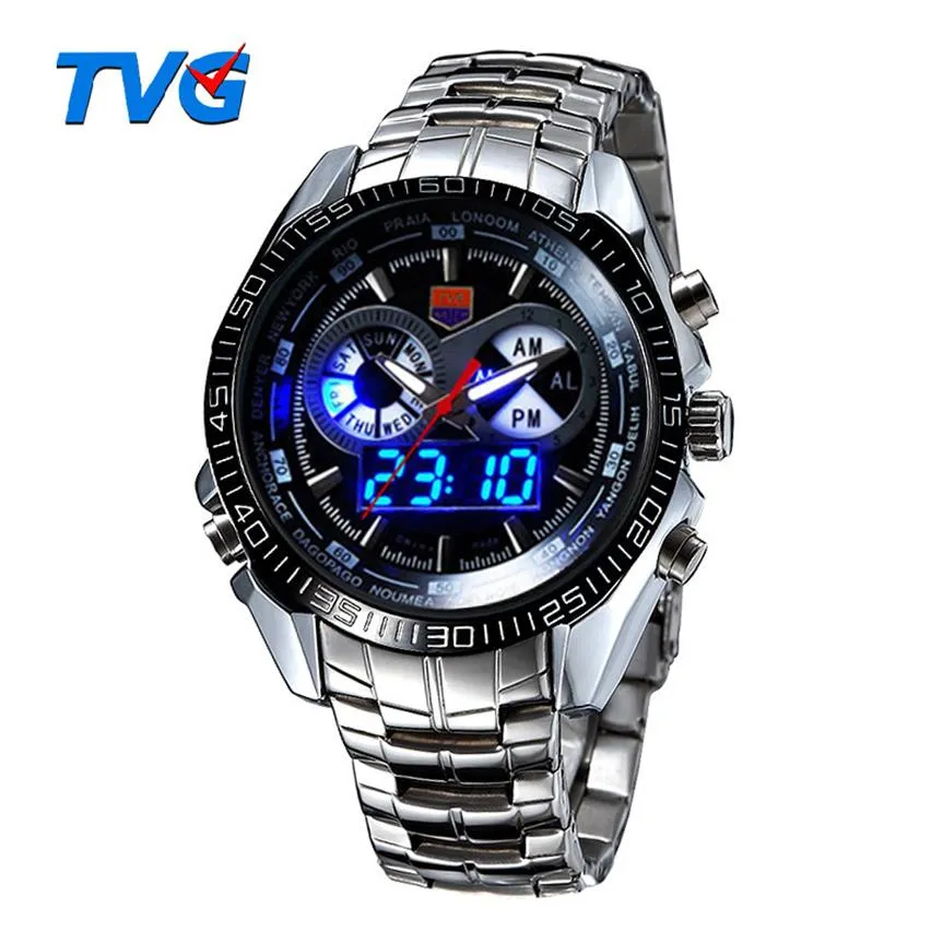 TVG Luxury Men's Sports Watches Fashion Clock rostfritt stålklocka Led Digtal Watches Men 30am Waterproof Wristwatch Relogio309C