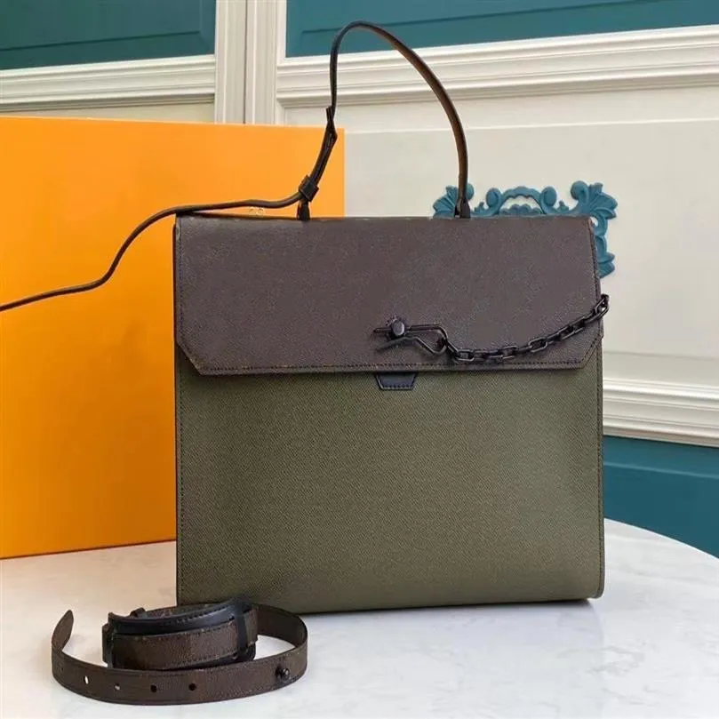 TOP Robusto Briefcase Taiga Leather in Green Black Tote bag Woman Fashion Classic Handbag Cowhide-leather Trim Signature Pin Lo300f