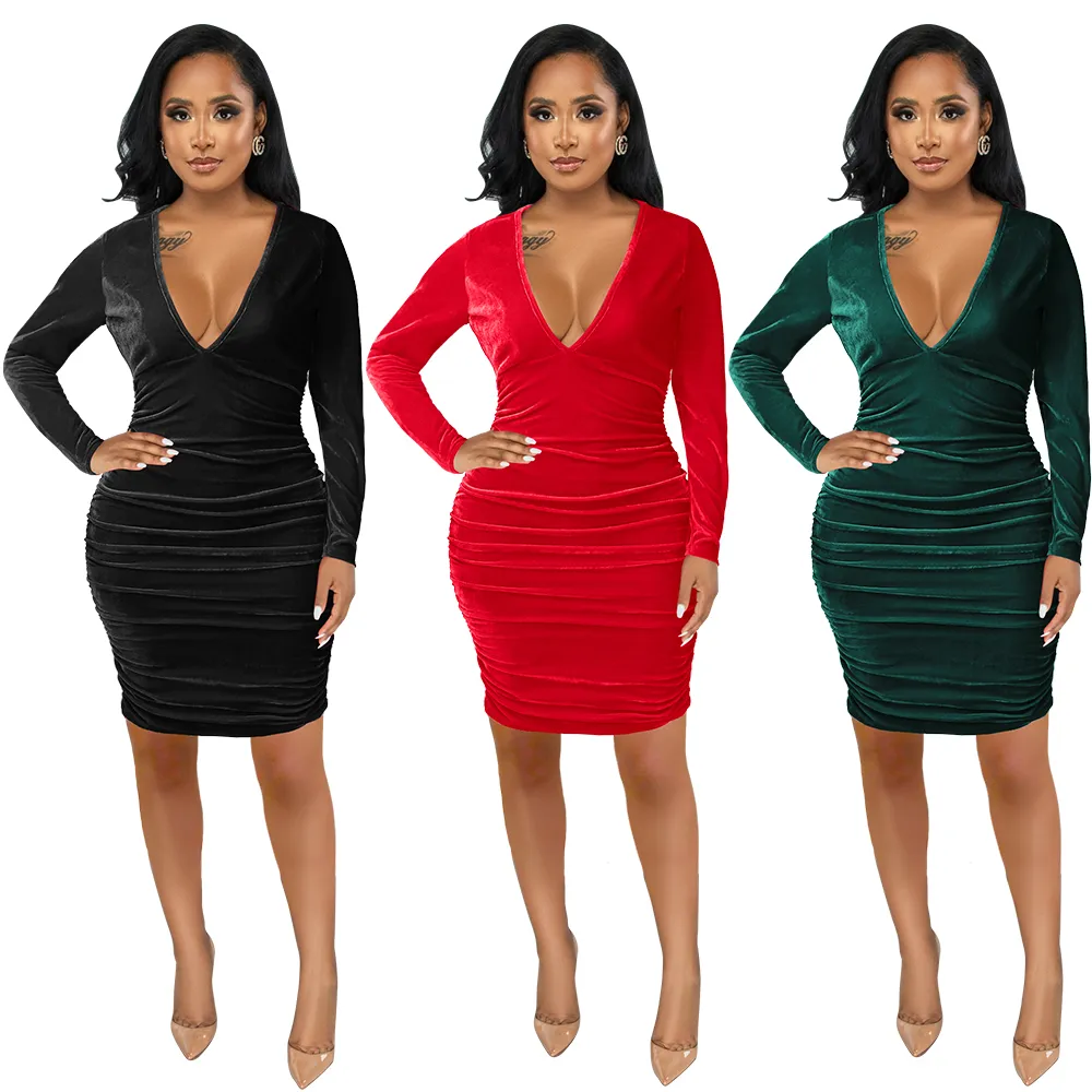 Sexy Velvet Dress Women Black Ruched V Neck Long Sleeve Slim Hip Package Bodycon Mini Vestidos for Evening Party CLub Holiday Wear S-2XL