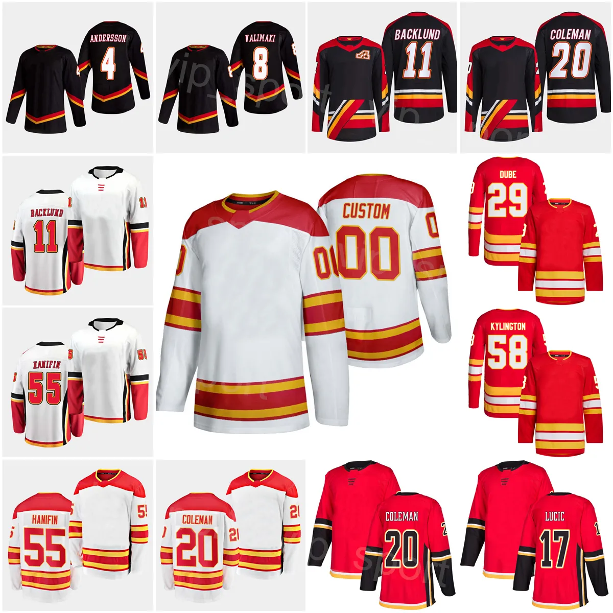 Ters retro hokey 16 Nikita Zadorov Formaları 22 Trevor Lewis 58 Oliver Kylington Blake Coleman Mikael Backlund Noah Hanifin Rasmus Andersson Christopher Tanev