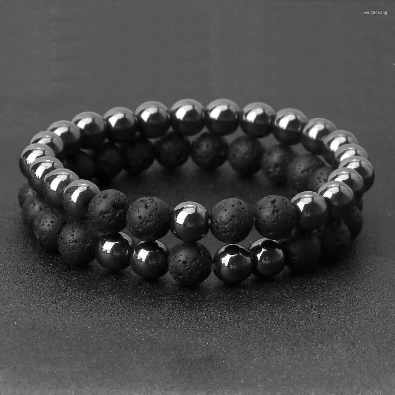 Brin 2 pièces/ensemble 8mm pierre de lave noire naturelle pour hommes femmes hématite Bracelets Couples Distance Yoga bijoux amant cadeau