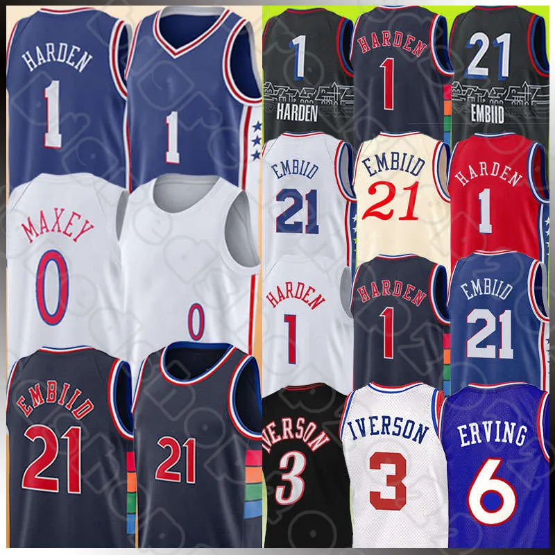 James Harden Tyrese Maxey Basketball Joel Embiid Trikots Retro Allen Iverson Julius Erving 75. Jahrestag 2022–2023 City White Edition Shirt Blaues Trikot 21 0 1 3 6