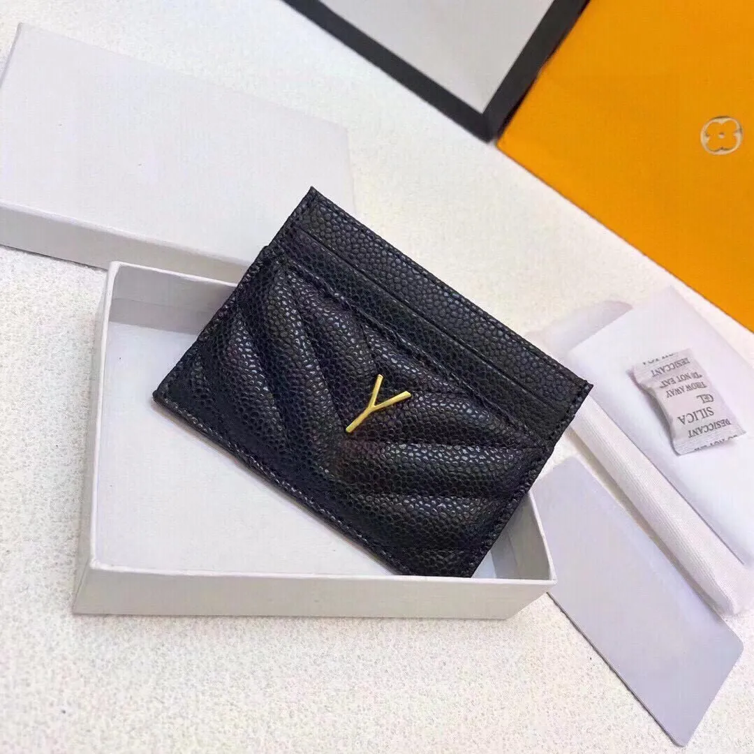 디자이너 지갑 새로운 패션 카드 소지자 캐비어 남성 여성 미니 지갑 정품 가죽 조약돌 질감 럭셔리 블랙 지갑 상자