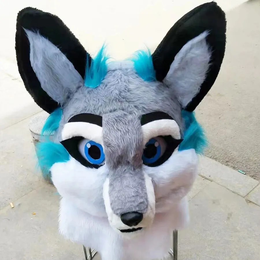 Fox Cartoon Furry Mascot Head For Adults Long Hair Husky Dog Shell ...