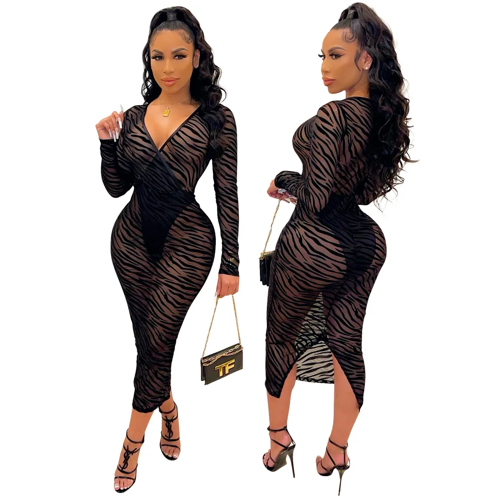 Sexy Midi Dress Women 2022 Black Mesh Cross V Neck Long Sleeve Slim Vestidos for Evening Party CLub Holiday S-2XL