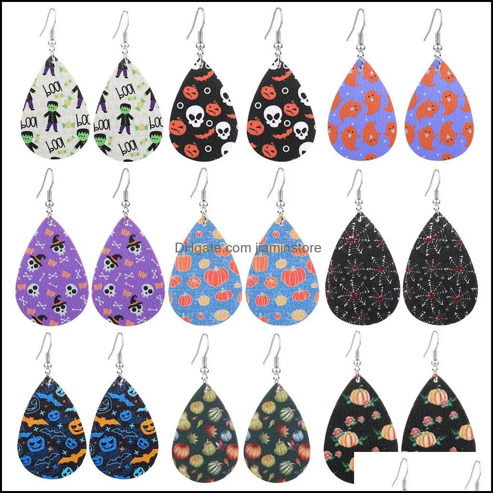 Charm New Halloween Pendientes de cuero para mujer Patrón de doble cara Calabaza Gota Cuelga Esqueleto Araña Moda Fiesta Joyería Entrega Otnly