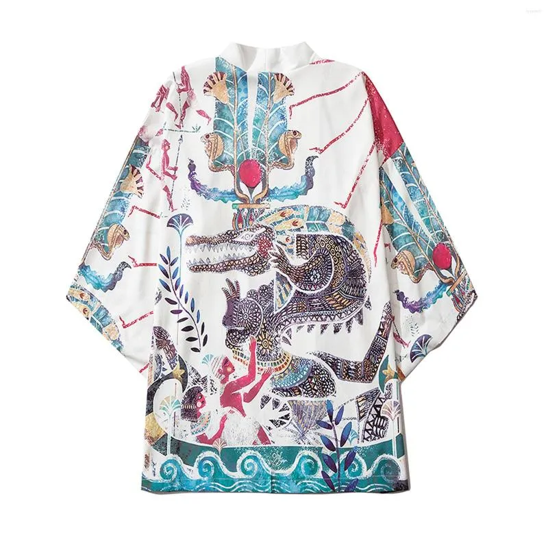 M￤ns avslappnade skjortor 64# Traditionella kl￤der M￤ns l￶s ￶ppen front 3/4 Sleeve Japanese Style Print Cover Up Cardigan Vintage Summer