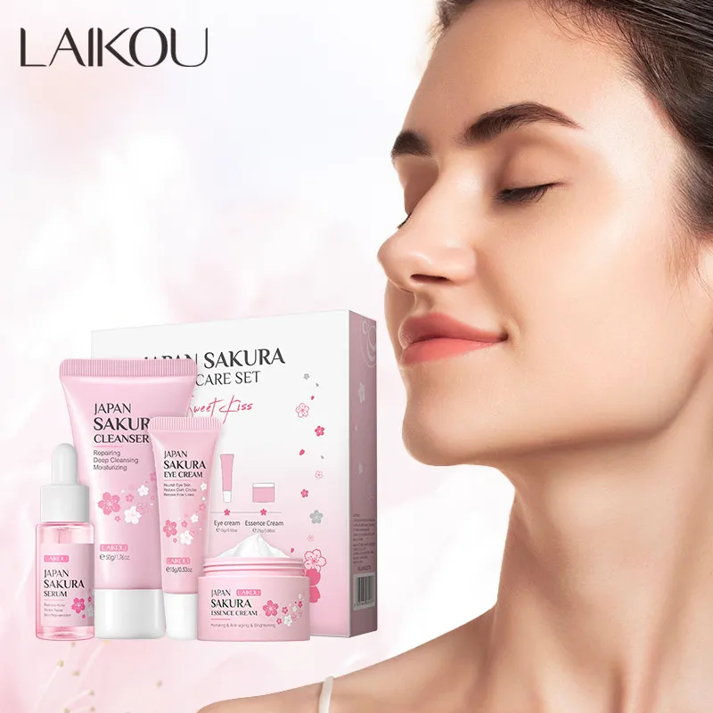 4pcs/conjunto de cerejeira sakura cuidados com o colágeno Creme para os olhos Creme de soro de face Toner Facial Cream Beauty Makeup com caixa de presente