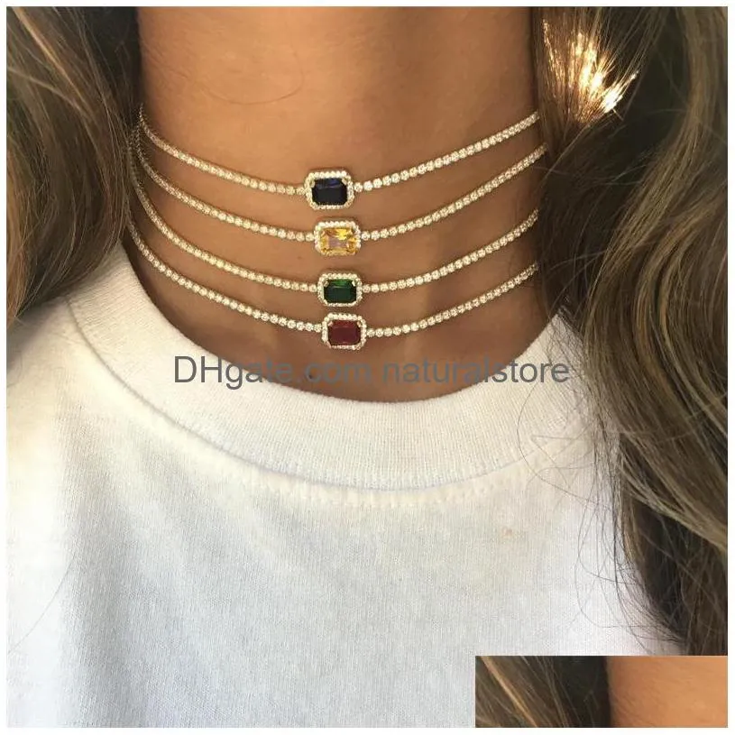 Hanger Kettingen Iced Out Tennis Kettingen Choker Luxe Goud Sier Mode Roze Geel Bling Strass Halsketting Feestsieraden Dhzgr