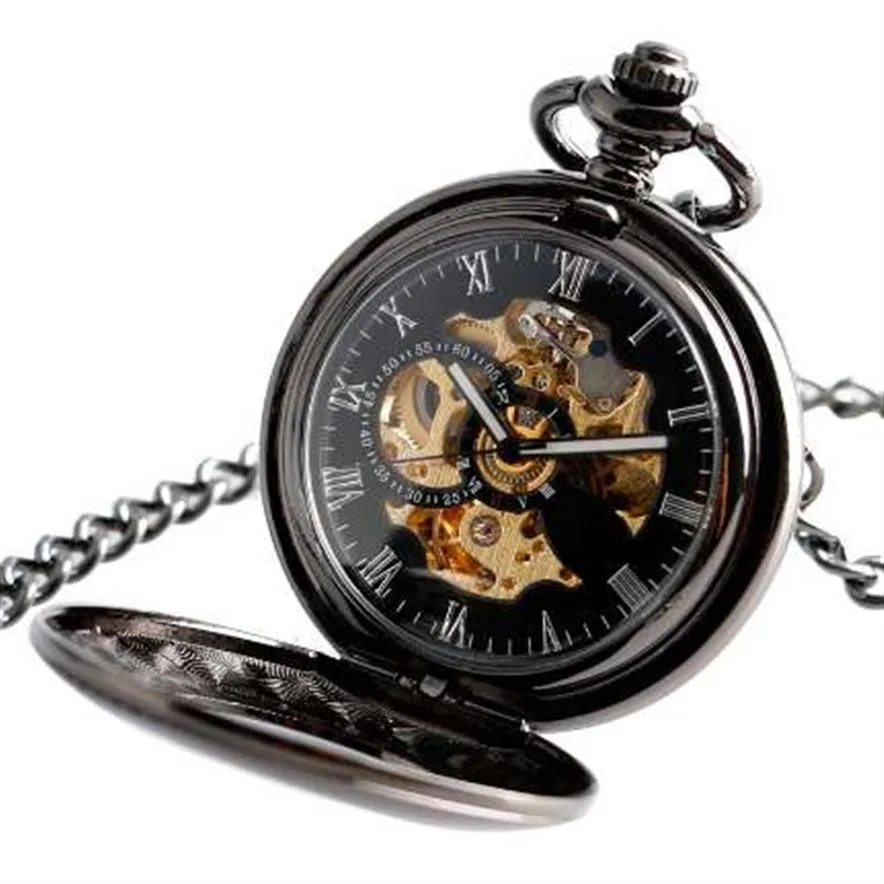 Vintage Automatic Mechanical Pocket Watch Men Hollow Exquisite Chain Smooth Case Pendant Watches Mens Retro Black Hour Clock2868