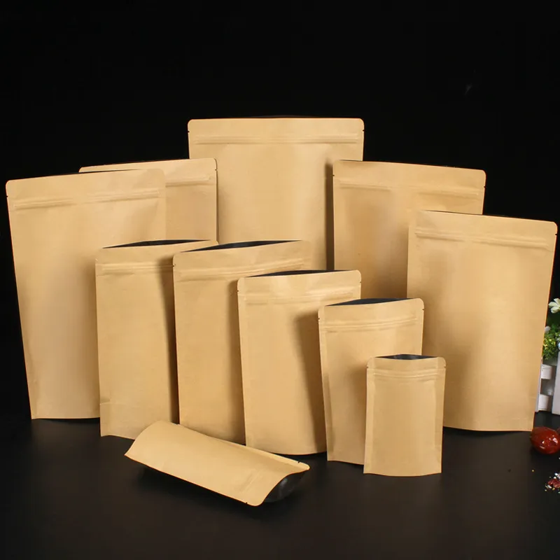 11 tamanhos de tamanhos Brown Kraft Papel Stand-up Stand-up Sacos selvagens selvagens bolsa zip saco de embalagem de armazenamento de alimentos com alimentos com lágrima NOTC