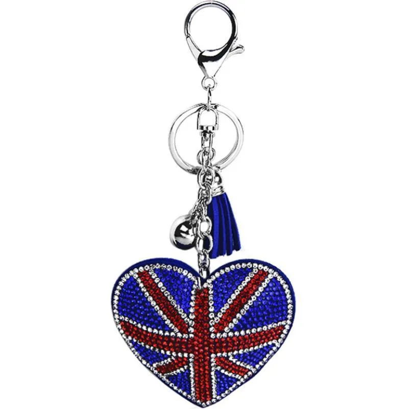 Creative british and american flag pattern Key Rings with filled rhinestone fashion bag pendant Ladies luggage car accessories