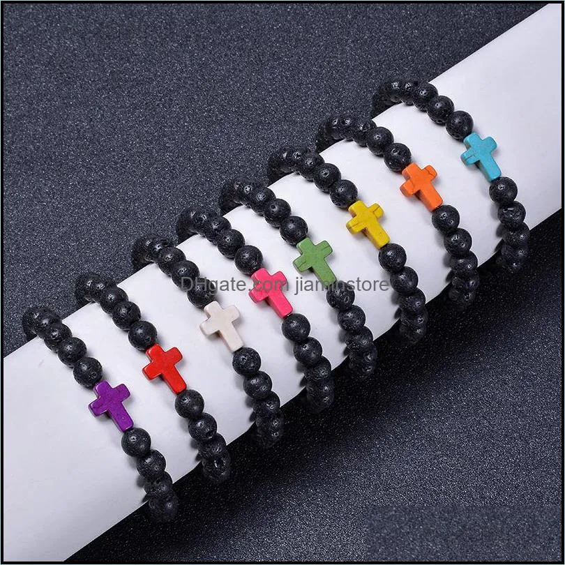 Beaded 8Mm Black Lava Stone Beads Colorf Cross Charms Elastic Strand Bracelet Bangle For Women Men Jewelr Jiaminstore Drop Delivery Dhtag