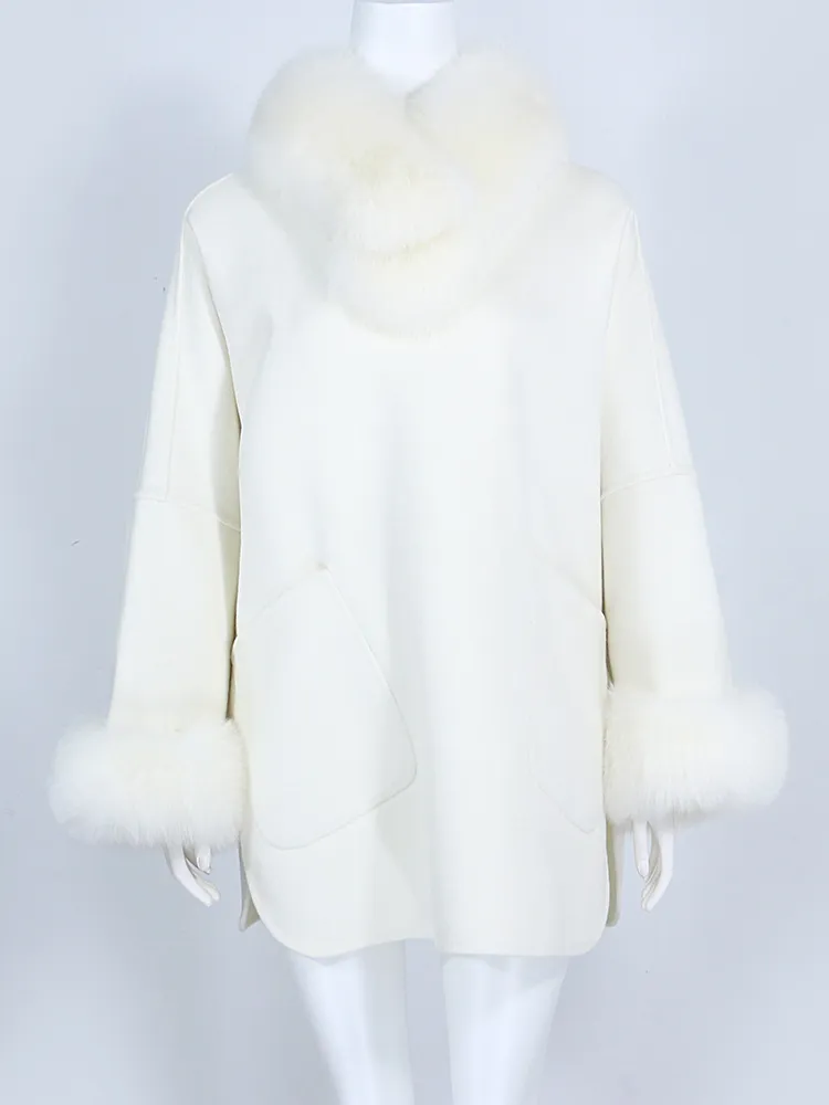 OFTBUY Giacca Invernale da Donna Cappotto in Vera Pelliccia Pelliccia di Volpe Naturale Cashmere Misto Lana Maniche a Pipistrello Capispalla Allentato Sciarpa Colletto Nuovo