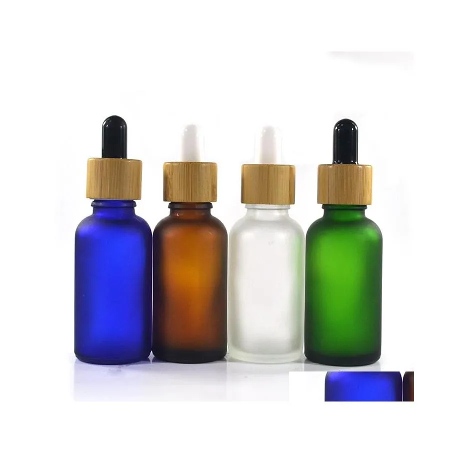 Storage Bottles Jars Essential Oil Glass Dropper Bottle With Bamboo Lid Serum Frosted Green Blue Amber Clear 10Ml 15Ml 20 30Ml 50M Dhy2O