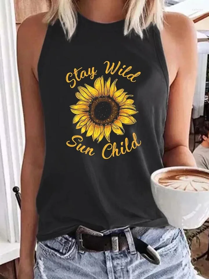 Women's Tanks Women Round Neck Tank Top Sunflower Stay Wild Print Girls Fashion Sexy Sleeveless Casual Y2K Loose Retro