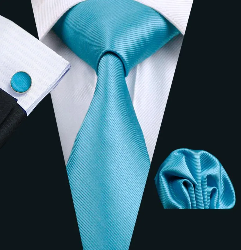 Classic Business Solid Blue Mens Silk Tie Pocket Square Cufflinks Neck Tie Set Jacquard Woven Formal Work Meeting Leisure N08006277099