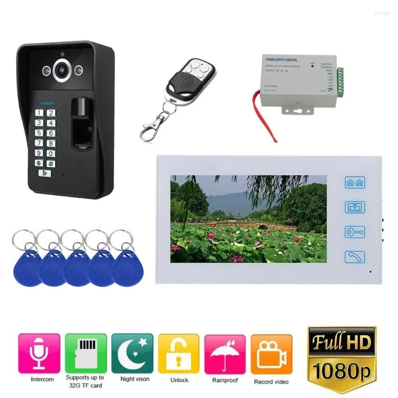 Videodörrtelefoner väderbeständig 7 "Spela in trådbundet telefondörrklock Intercom 2-kamera 1-monitor kit med fingeravtryck RFID AHD 1080p kamera