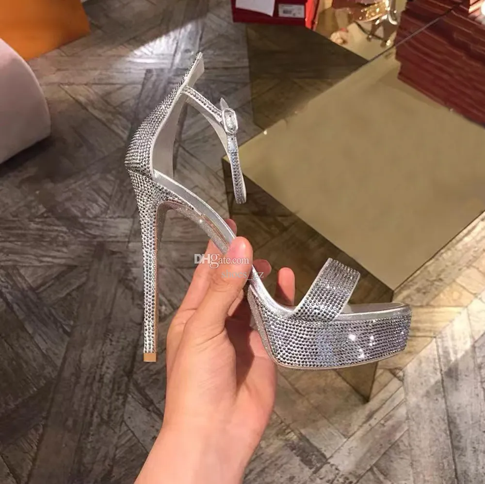 Kristal Sandallar Platform Pompaları Rene Caovilla Margot Süper Stiletto Topuk Sandal Akşam Ayakkabıları Kadın Yüksek Topuklu Tasarımcılar Ayakkabı Kemer Ayakkabı