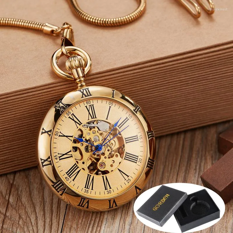 Pocket Watches Smooth Retro Round Golden Mechanical Watch Men FOB Chain Exquisite Sculpture Copper Automatiska manliga gåvor