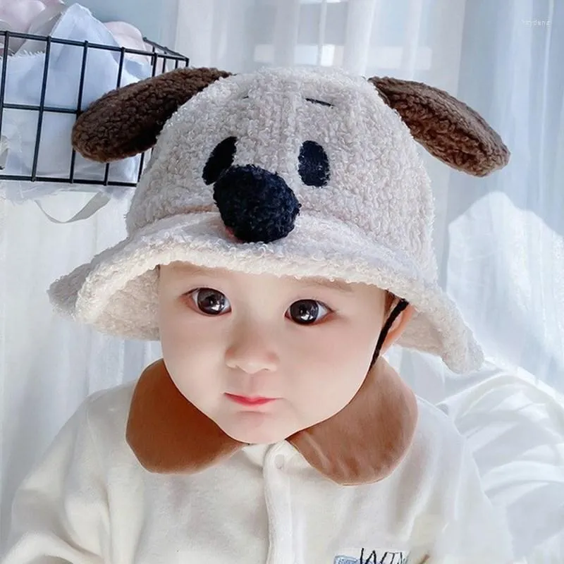 Beretten 1-3t Toddler Baby Boy Girl Hoed Cartoon Dog Emmer Plush Herfst Winter Winter Kinderhoeden en Caps Beige Accessoires