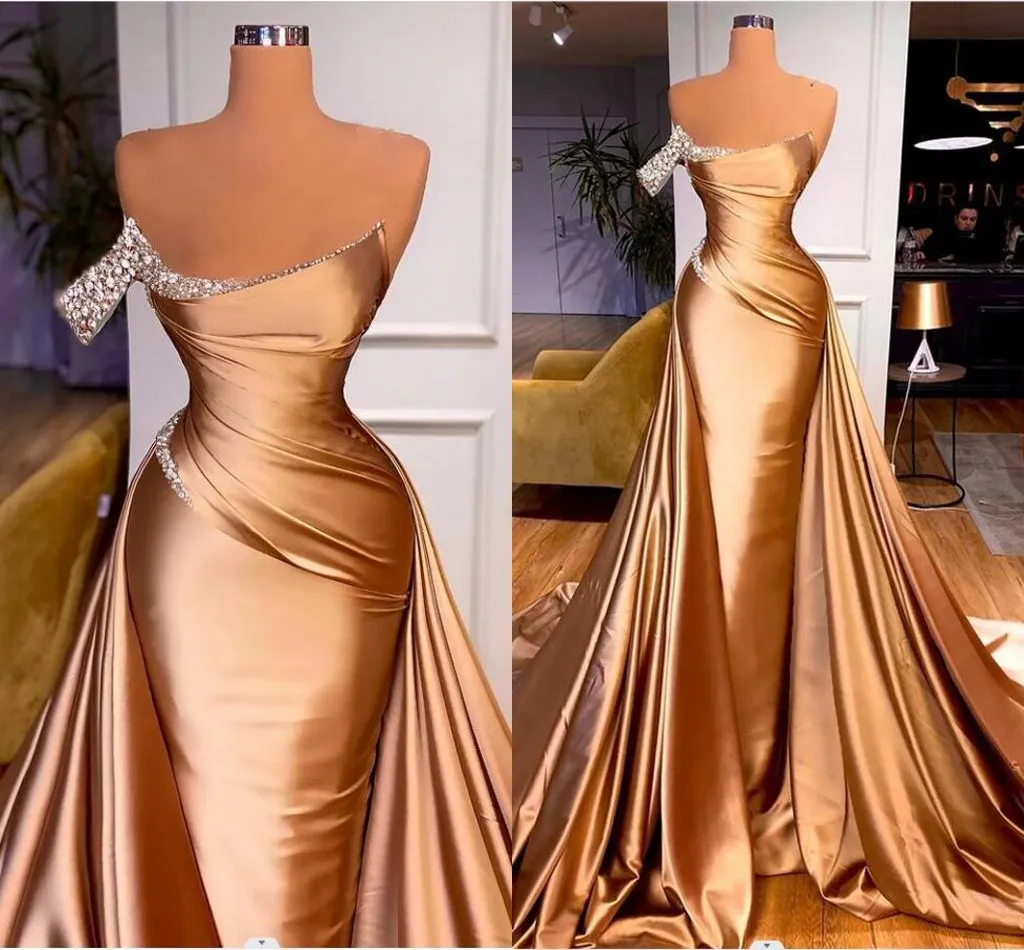 Vestidos de noite com bainha de ouro longos plus size sem alças frisados com lantejoulas vestidos de festa formais para ocasiões especiais aniversário vestido de celebridade feito sob medida