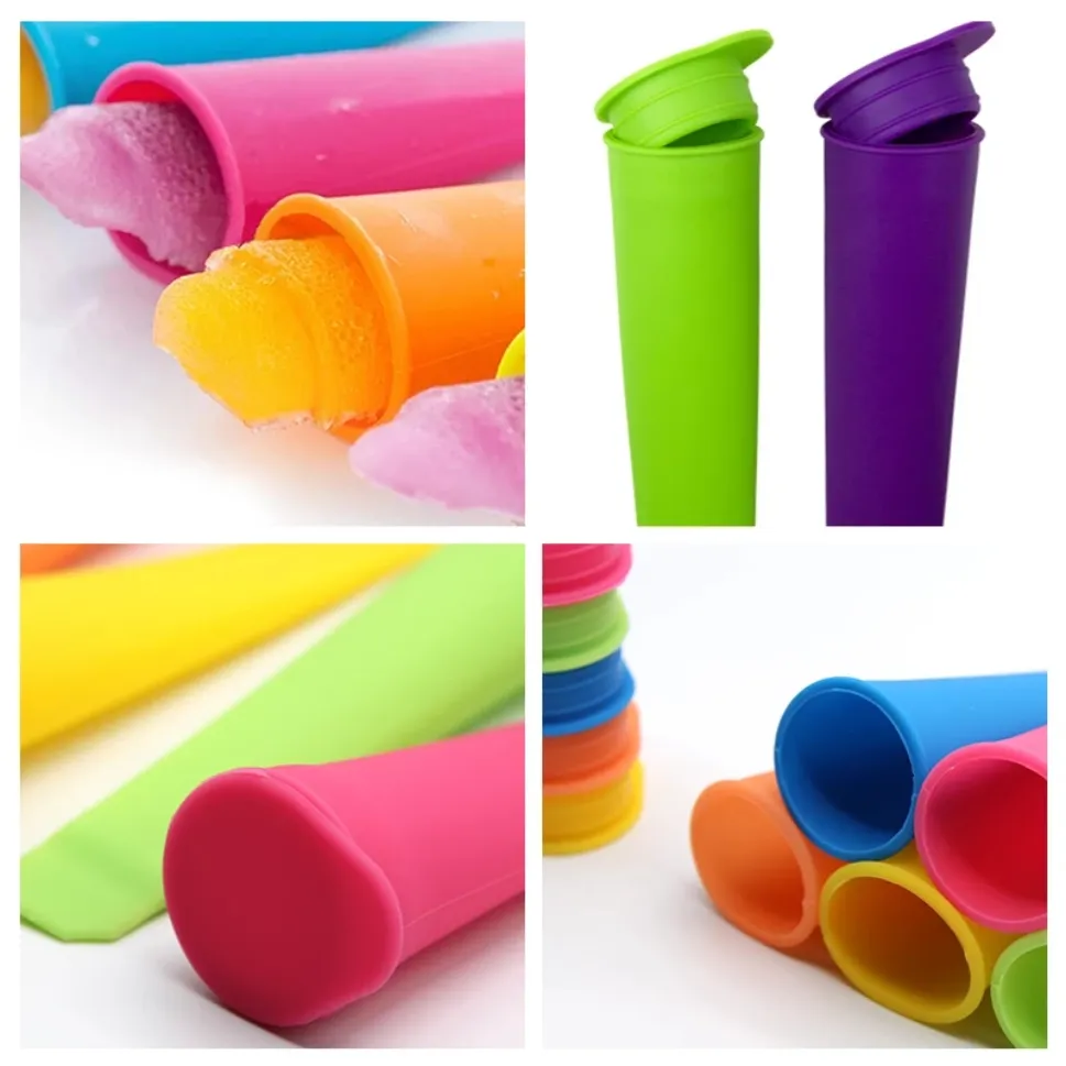 6 pezzi / set strumenti per gelato stampi per ghiaccioli in silicone creatore di ghiaccioli stampo per lecca-lecca fatto in casa con coperchi rimovibili riutilizzabile colore casuale per bambini C1216