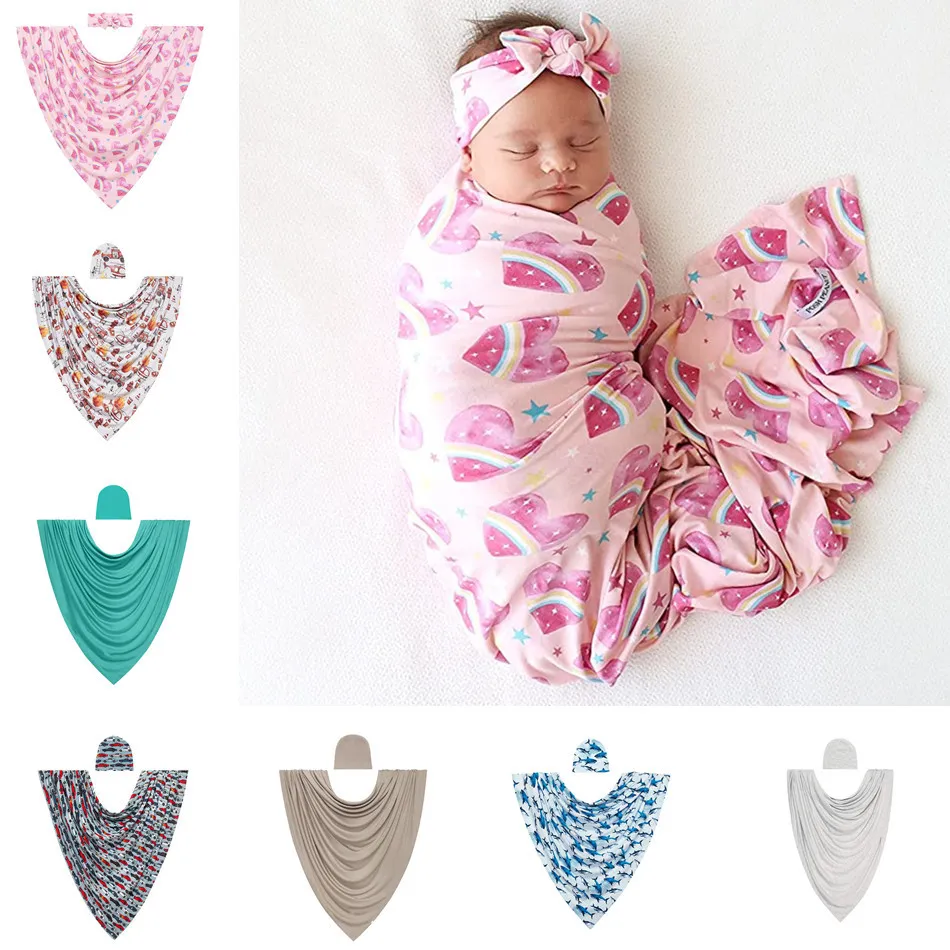 16052 Sp￤dbarn baby swaddle wrap filt tecknad fruktblommor wraps filtar barnkammare s￤ngkl￤der bebisar inslagna cotton trasa med pannband eller hatt 2 st/set