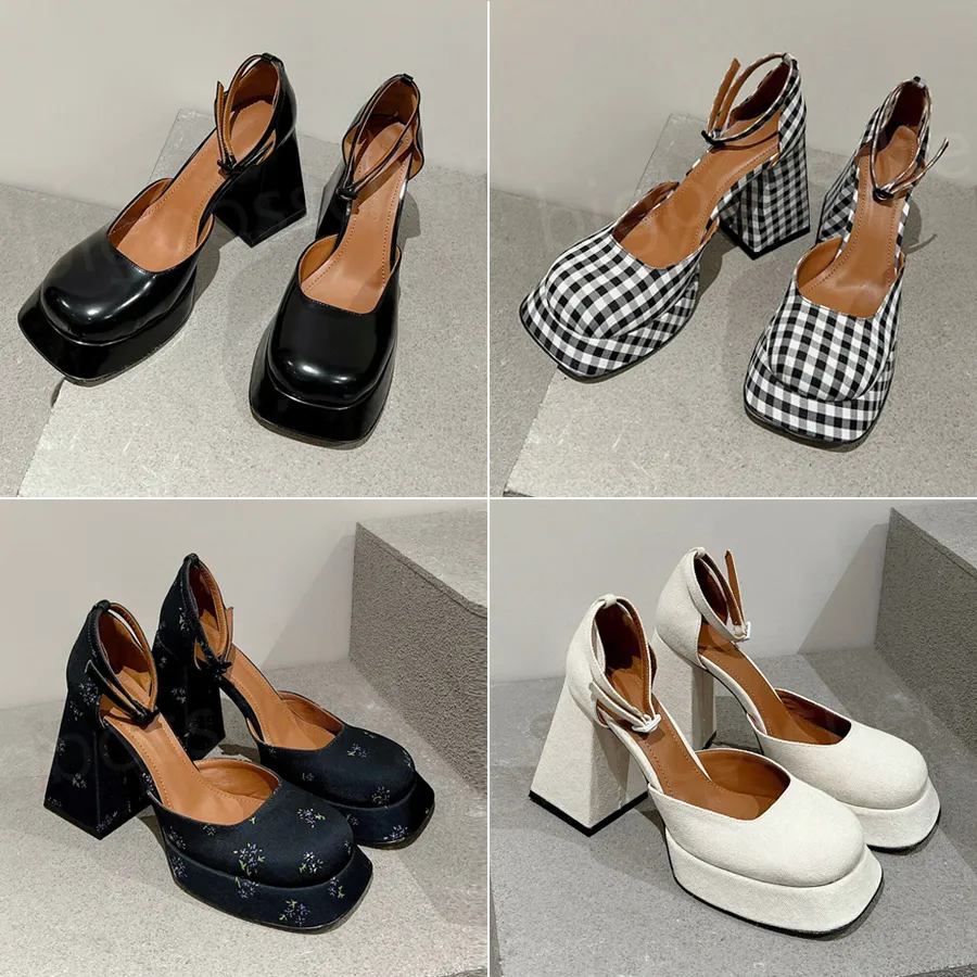 숙녀 발목 스트랩 하이힐 Mary Jane Pumps Heels 디자이너 패션 가죽 발가락 덩어리 힐 샌들 9cm Black Beige Plaid 결혼식 리셉션 35-40