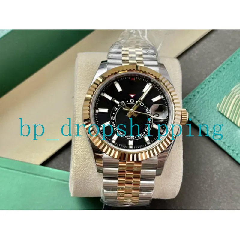 Top Brand negro 42 mm Relojes mecánicos automáticos Ref.326933 Anillo interior del cielo Trabajo Asia Movimiento 18k oro Correa de acero de dos tonos Relojes de pulsera de moda luminosa