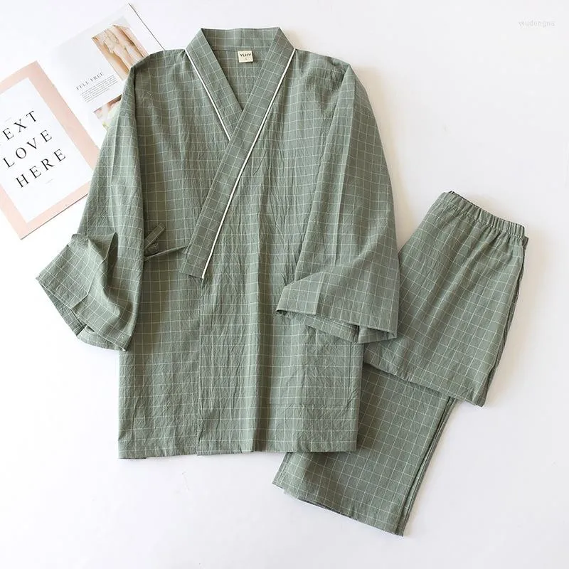 Mężczyzn Mężczyzny Tradycyjne japońskie piżamę Zestaw szaty Kimono Haori Yukata Soft Suknia Bawełna Grzetka Green Plaid Print276y