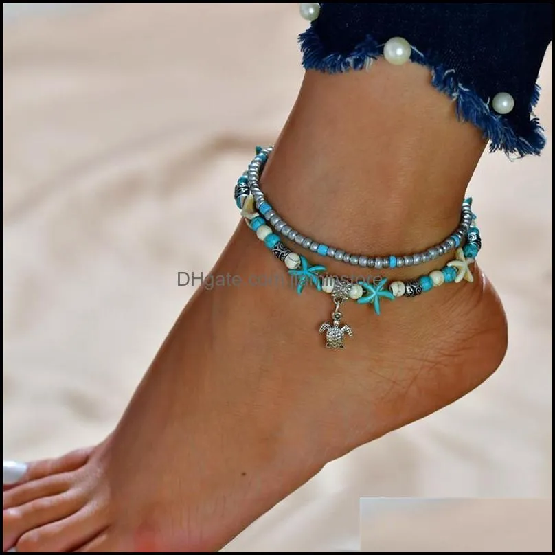 Cavigliere stile boemo Mtilayer perline catena conchiglia stelle marine per le donne bracciale gamba sandali gioielli cavigliera consegna goccia Ot2Ba
