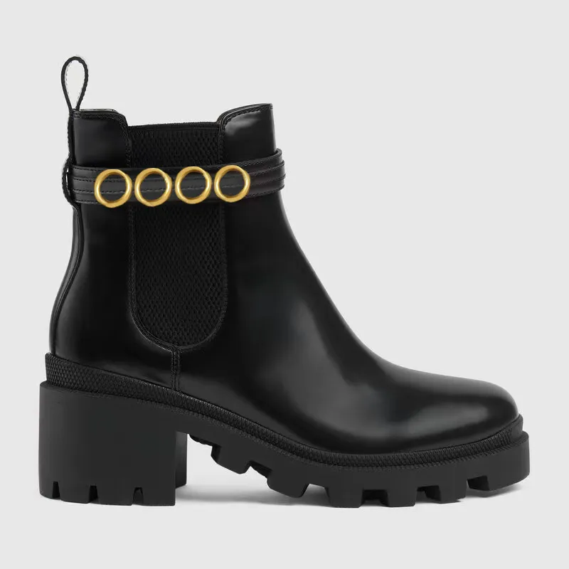 korta stövlar kohude bälte spänne metall kvinnor skor klassiska bokstäver tjocka klackar läder designer sko hög klackade mode diamant lady boot size 35-42 US4-us11 med låda