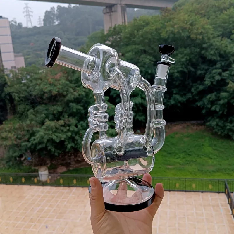 Black Glass Water Bong Hookahs with Spiral Percolators Recycler Dab Rig Pipe for Smoking