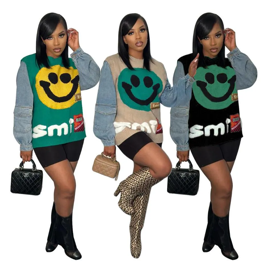 W0023 Autumn and Winter New Women's Sweaters Denim Stitching Smiley Knit Coat