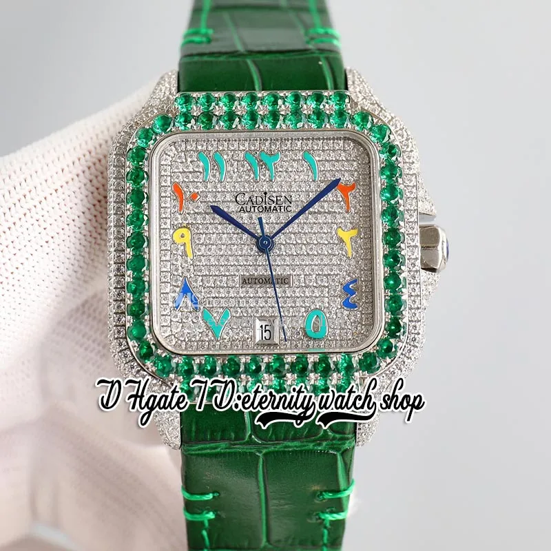 TWF tw0009 M8215 Montre automatique pour hommes 40MM vert glacé gros diamant lunette pavée de diamants couleur du cadran marqueurs arabes bracelet en cuir Super édition montres d'éternité