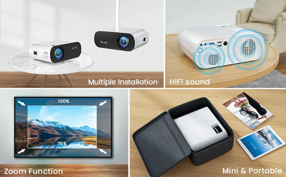ミニポータブルプロジェクターWifi Bluetooth：コンパクト4Kフル