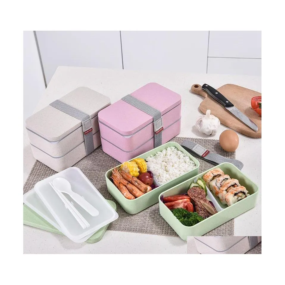 Boîtes à bento Double couche Boîte à lunch Portable Blé St Matériel Ecofriendly Conteneur alimentaire Stockage Étudiant Drop Livraison Maison Jardin H Dhr0L