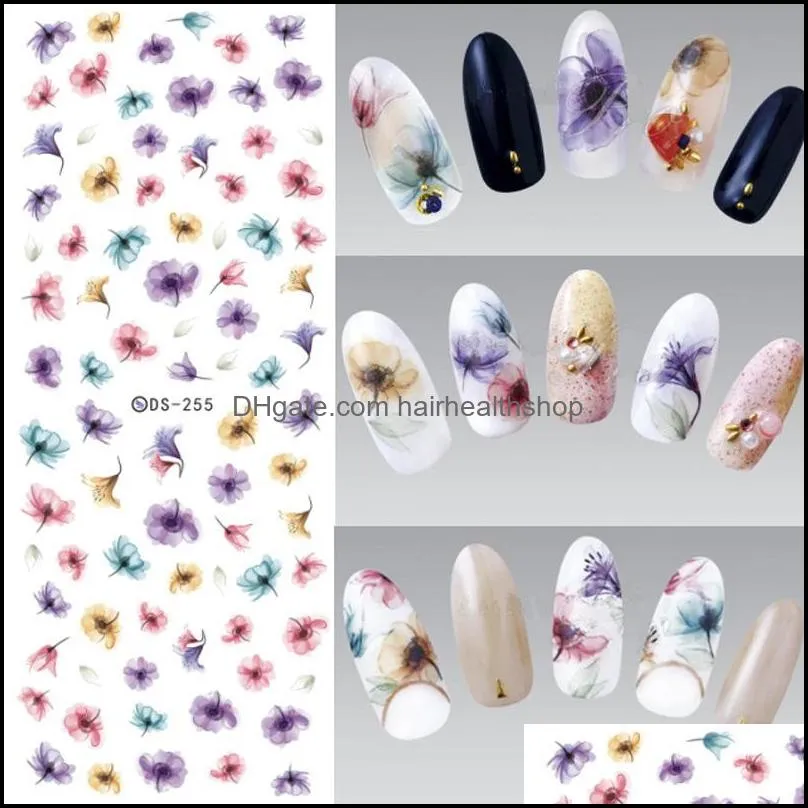 Adesivi Decalcomanie Trasferimento dell'acqua fai da te Nails Art Sticker Colorf Viola Fantasy Fiori Nail Wraps Foil Manicure Drop Delivery Salute B Dhoez