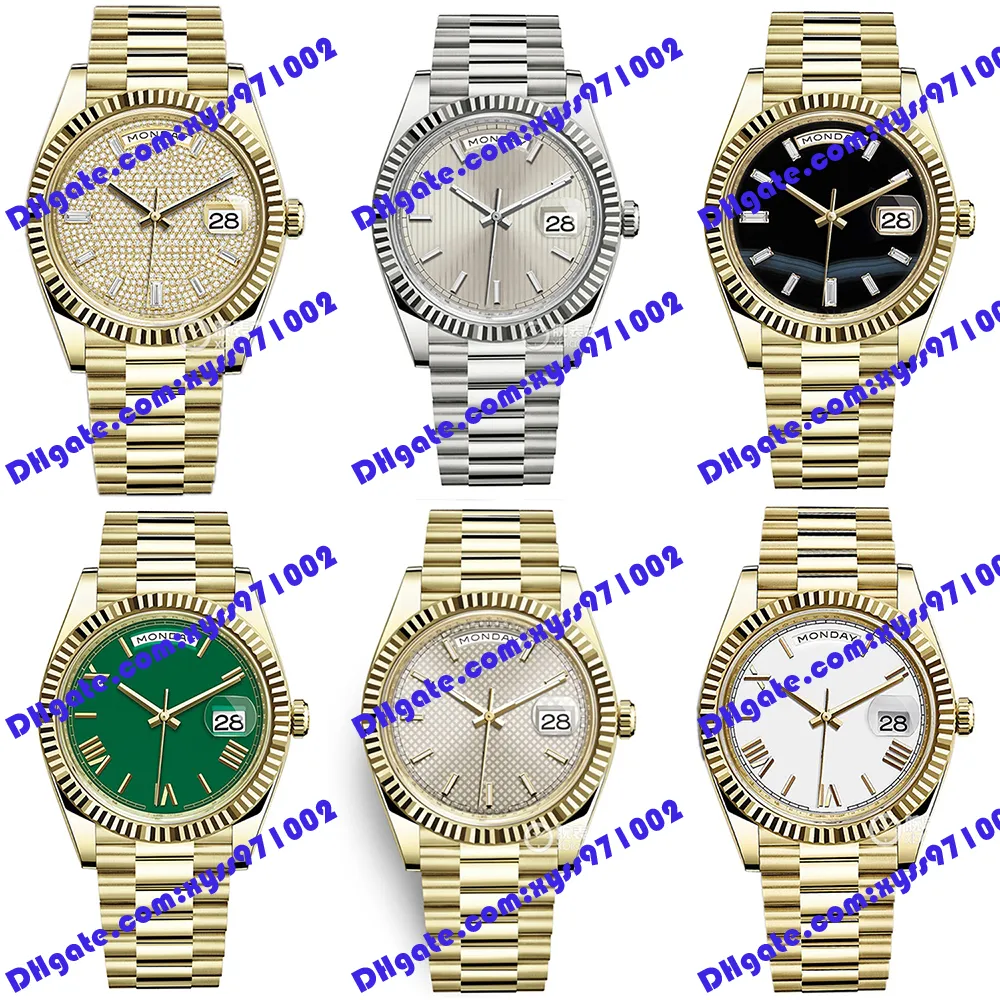 6 Modèle Montre pour homme verte 2813 Montre mécanique automatique 228238 40 mm Cadran romain blanc Montre-bracelet en acier inoxydable doré Affichage du calendrier 228239 Montres à diamant noir