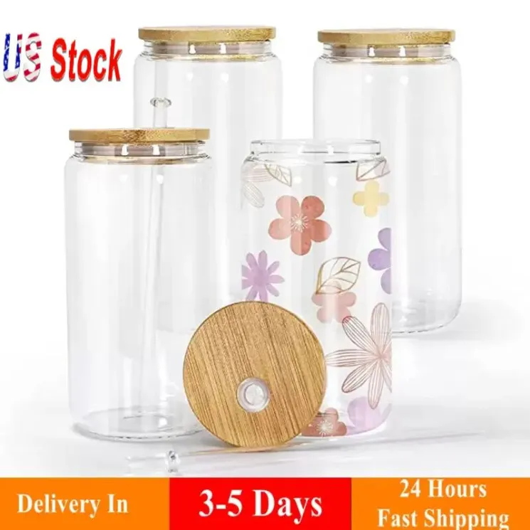 US Warehouse 16oz Sublimation Glass Tumblers Beer Proster Froster Trink العلب واضحة مع غطاء الخيزران والقش القابل لإعادة الاستخدام لمدة يومين تسليم TT1216