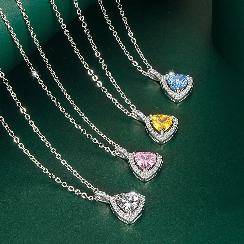 New Women's Triangle Necklace Pendant Pink/Yellow Shiny Cubic Zirconia Wedding Engagement Bridal Fine Jewelry