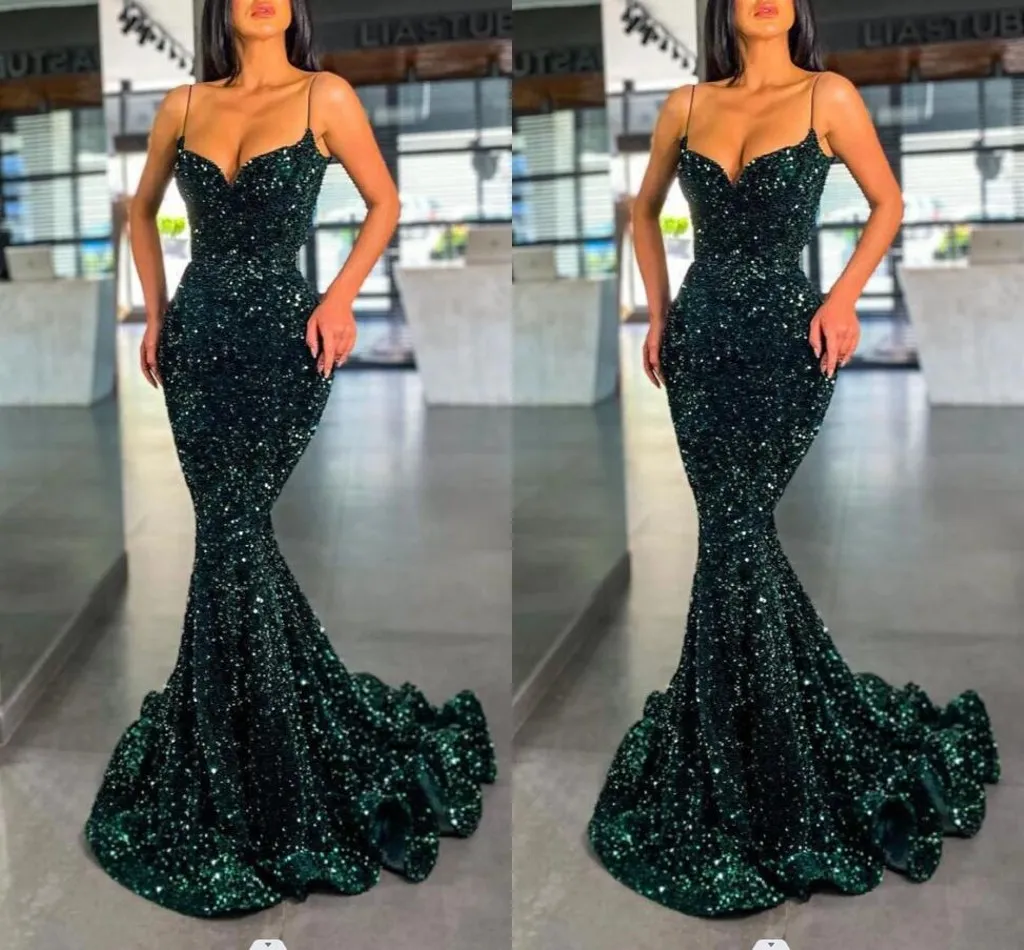 Vestidos de baile de sereia verde escuro para mulheres espaguete tiras de pescoço de pescoço comprimento de lantejoulas de desgaste formal vestidos de festa de festas de festas de ocasião spéica personalizada