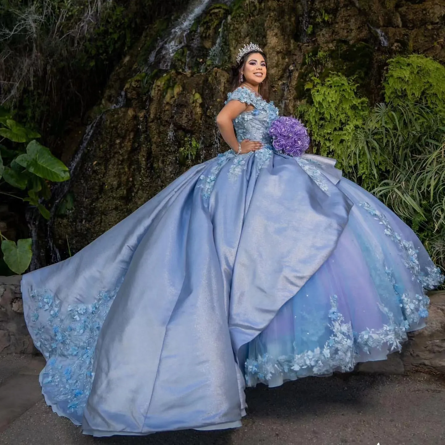 Robe De Quinceanera bleu clair, avec des Appliques De fleurs 3D, en dentelle, épaules dénudées, robes De luxe, 16 robes De Fiesta