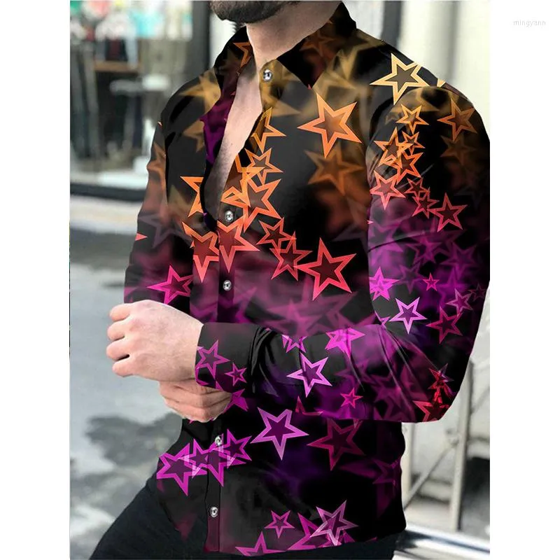 Camisas casuales para hombres Moda de lujo Hombres sociales Turn-Down Collar Camisa abotonada Puntos Impresión 3D Cardigan de manga larga Ropa para hombre