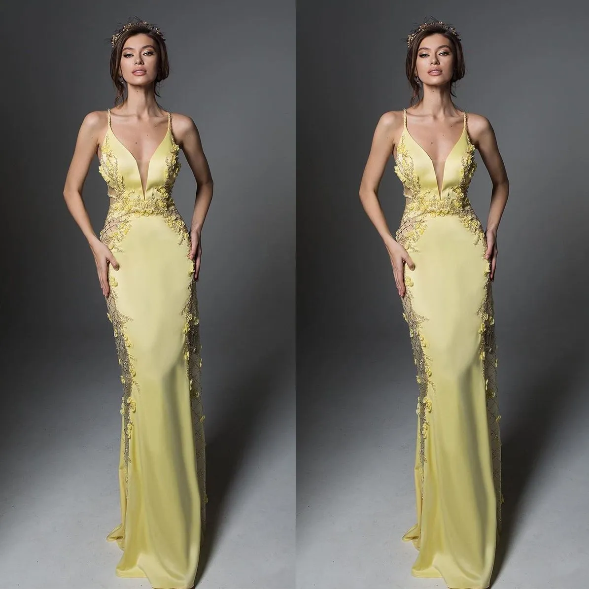Eleganckie paski spaghetti syrena wieczorowe sukienki proste v szyja 3D Aplikacja balowa sukienka na podłogę formalne suknie imprezowe